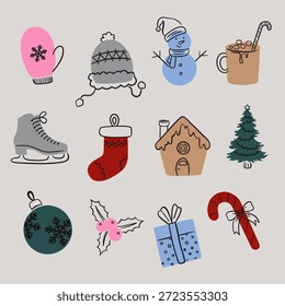 Conjunto de Elementos aislados de Vector de invierno estilo Doodle