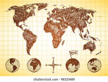 Doodle style world map with 4 views of the globe and compass