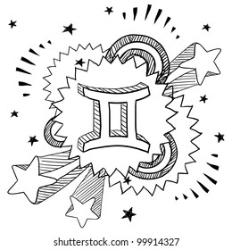 Doodle style zodiac astrology symbol on 1960s or 1970s pop explosion background - Gemini