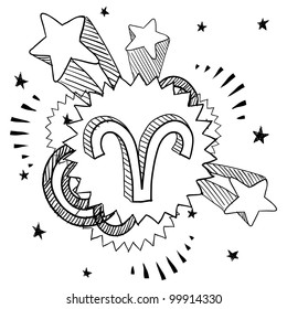 Doodle style zodiac astrology symbol on 1960s or 1970s pop explosion background - Aries