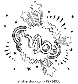 Doodle style zodiac astrology symbol on 1960s or 1970s pop explosion background - Capricorn