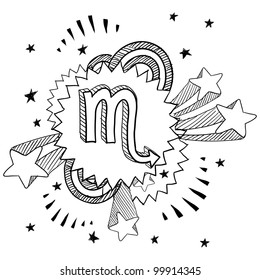 Doodle style zodiac astrology symbol on 1960s or 1970s pop explosion background - Scorpio