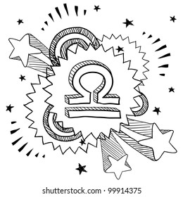 Doodle style zodiac astrology symbol on 1960s or 1970s pop explosion background - Libra