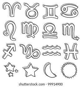 Doodle style zodiac astrology symbol set including all twelve horoscope insignia