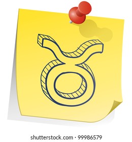 Doodle style zodiac astrology symbol on sticky note background - Taurus