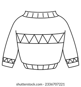 Doodle style.Cute knitted sweater.Cozy pullover.Hand drawn outline vector illustration.Knitted clothes.Hygge doodles.Sweater with middles.Knitted winter jumpers.Isolated on white background.