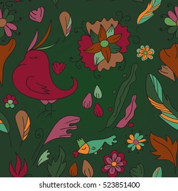 Doodle styled hand-drawn seamless pattern with stylized flowers, leaves and birds in green, orange and pink tones