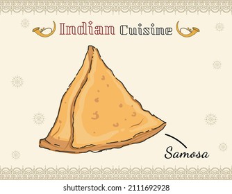 Doodle styled indian fried snack triangular shaped cuisine samosa Break or tea time snack called samosas with sauces