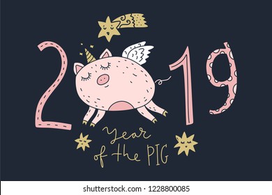 Doodle stylish postcard for New Year 2019 with cute unicorn pig face. Symbol in the chinese calendar. Cartoon doodle style. Isolated vector illustration.