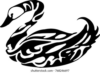 Doodle stylized beautiful silhouette of a swan arching his neck downwards, Monochrome hand drawn vector illustration