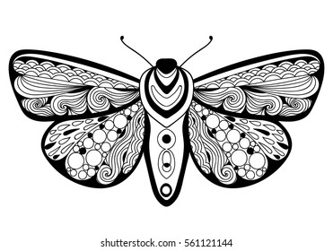 Doodle stylized black butterfly. Hand drawn vector illustration isolated on white background.