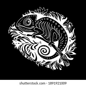 Doodle Stylized Black and White Chameleon Isolated on Black background. Hand Drawn Reptile Vector Illustration in Cartoon Style. Sketch for Tattoo or Print. Tropical Animal Collection. 
