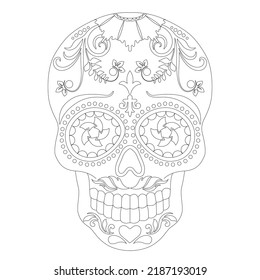 Doodle stylized black and white sugar skull, hand drawn ink monochrome, stock vector illustration