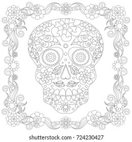 Doodle stylized black and white sugar skull in floral frame hand drawn, monochrome stock vector illustration