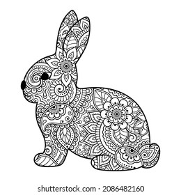 Doodle stylized bunny. Sketch for coloring book, poster, print, or tattoo. Hand Drawn vector illustration doodle animal. Adult antistress coloring page.