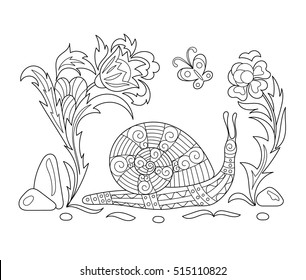 Doodle stylized cartoon snail crawling among flowers. Sketch for adult antistress coloring page. Hand drawn doodle, floral design elements for coloring book.