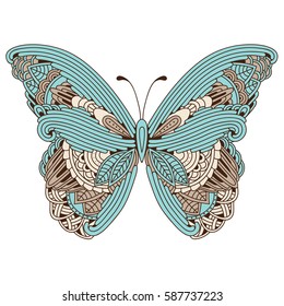 Doodle stylized colored zen art butterfly. Hand drawn vector illustration isolated on white background.