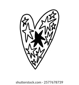 Doodle Stylized Heart with Stars. Simple Love Mascot Shape. Hand Drawnn Vector Isolated Illustration