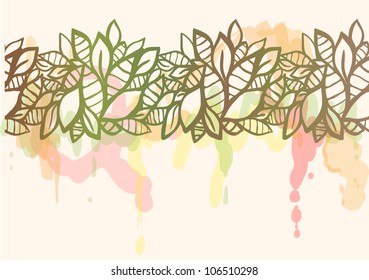 Doodle stylized leaves seamless line with watercolor splatters.