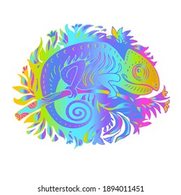 Doodle Stylized Rainbow Colors Chameleon Isolated on White Background. Hand Drawn Reptile Vector Multi Color Cartoon Illustration. Sketch for Baby Print, Accessories. Exotic Animal Collection. 