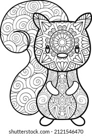 Doodle stylized squirrel, Adult antistress coloring page. mandala animal