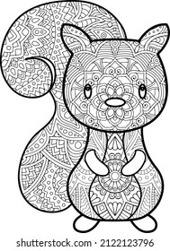 Doodle stylized squirrel, Adult antistress coloring page. mandala animal
