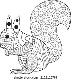 Doodle stylized squirrel, Adult antistress coloring page. mandala animal