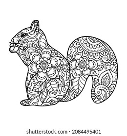 Doodle stylized squirrel. Sketch for coloring book, poster, print, or tattoo. Hand Drawn vector illustration doodle animal. Adult antistress coloring page.