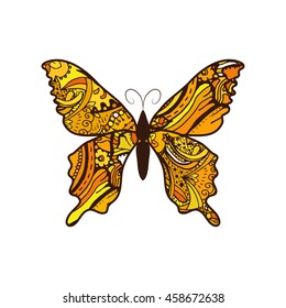 Doodle stylized yellow Butterfly. Hand Drawn vector illustration isolated on white background. Sketch for tattoo or makhenda.
