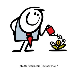 Doodle successful businessman waters a money tree from a watering can. Vector illustration of a ritual and a plant with a gold coin for good luck. Cartoon stick man character isolated.