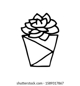 Doodle succulent in a faceted pot. Scratchy hand-drawn succulent with poly flower pot. Black outline of a home plant isolated on a white background. Cute illustration with polygonal interior element