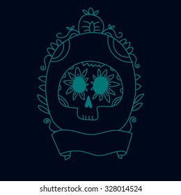 Doodle sugar skull in a blue frame, halloween or dia de los muertos background, vector