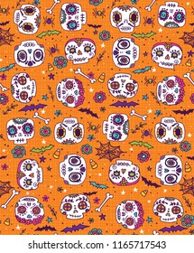 Doodle Sugar Skull Characters celebrating Halloween in a fun, spooky seamless vector pattern repeat. Repeating patterns are great for webpage backgrounds, packaging, or surface designs.