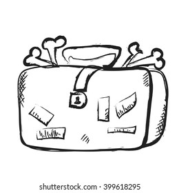 doodle suitcase full of bones, vector icon illustration