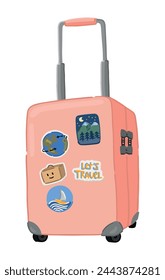 Doodle of suitcase with stickers. Clipart of travel baggage, luggage, trip attribute. Cartoon vector illustration isolated on white.