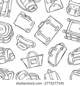 Doodle suitcases seamless pattern. Travel luggage, different bags, cabin size suitcase and backpack. Print template for design, neoteric vector background