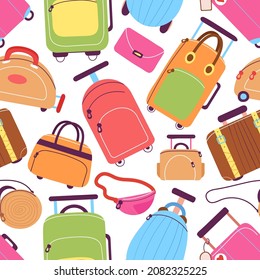 Doodle suitcases. Travel suitcase, luggage bags. Colorful female bag, vacation accessories. Cabin size baggage, tourism store decent vector seamless pattern
