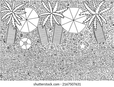 Doodle summer beach coloring page top view. Vector hand drawn sunny beach top view with palms umbrellas and chaise lounges. Coloring book for children and adults.