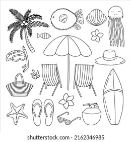 Doodle summer beach elements set. Hand drawn vector summer sunny items set.