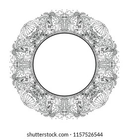 Doodle  summer beach hand drawn style round vector frame. Black and white decorative border.
