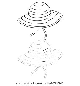 Doodle summer beach hat coloring pages. Trace and color summer beach hat. Summer worksheets activity printable. Cartoon summer beach hat clip art vector isolated on white background.