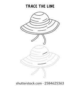 Doodle summer beach hat coloring pages. Trace and color summer beach hat. Summer worksheets activity printable. Cartoon summer beach hat clip art vector isolated on white background.