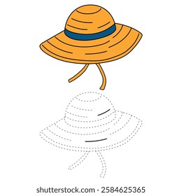 Doodle summer beach hat coloring pages. Trace and color summer beach hat. Summer worksheets activity printable. Cartoon summer beach hat clip art vector isolated on white background.