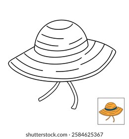 Doodle summer beach hat coloring pages. Trace and color summer beach hat. Summer worksheets activity printable. Cartoon summer beach hat clip art vector isolated on white background.