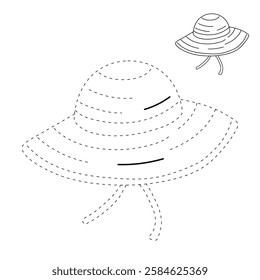 Doodle summer beach hat coloring pages. Trace and color summer beach hat. Summer worksheets activity printable. Cartoon summer beach hat clip art vector isolated on white background.