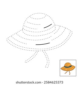 Doodle summer beach hat coloring pages. Trace and color summer beach hat. Summer worksheets activity printable. Cartoon summer beach hat clip art vector isolated on white background.