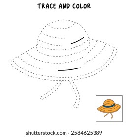 Doodle summer beach hat coloring pages. Trace and color summer beach hat. Summer worksheets activity printable. Cartoon summer beach hat clip art vector isolated on white background.