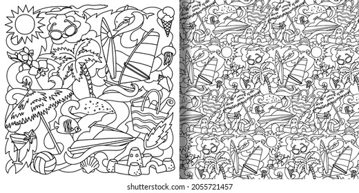 Doodle Summer Beach set and seamless pattern