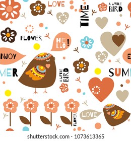 Doodle summer bird abstract seamless pattern. Design typography print