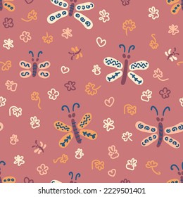 Doodle summer butterflies and flowers seamless pattern. Perfect print for tee, paper, textile and fabric. Hand drawn vector background for decor and design.


